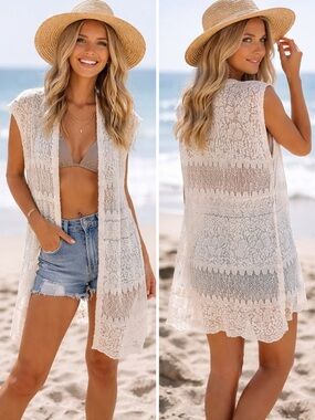 POL Ivory Crochet Open Front Cap  Sleeve Longline Cardigan Size Medium